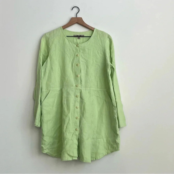 Flax 100% Linen Dress Small Green Button Down Pockets Long Sleeve Tunic Pleated - Picture 2 of 13